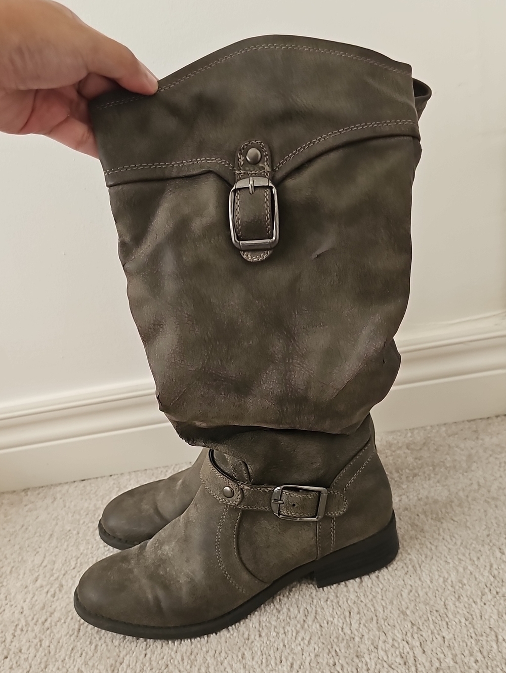 Women's Tall Grey Buckle Boots